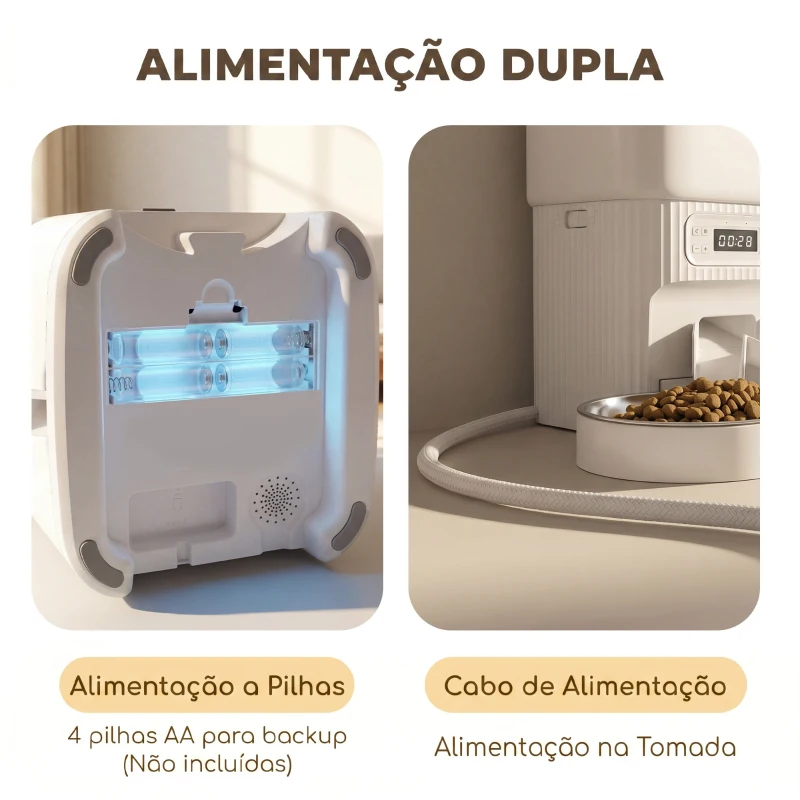 PawHut Alimentador Automático para Gatos/Cães 4L com 2 Tigelas, Dispensador de Ração 1-6 Refeições por Dia e Dupla Alimentação