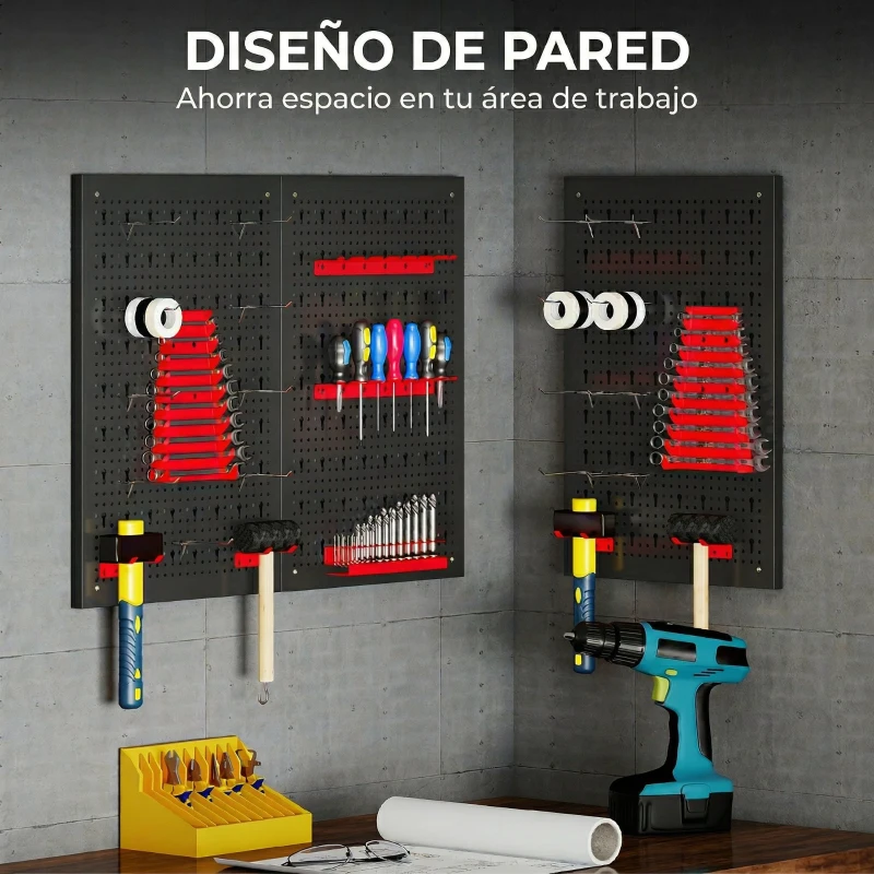 HOMCOM 3 Paneles de Herramientas de Pared 28 Piezas cada panel 60x40 cm con Ganchos y Estantes Negro y Rojo