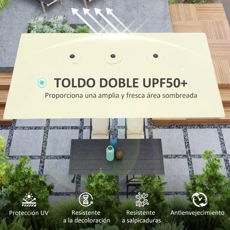 Outsunny Sombrilla Doble 4,5x2,6 m Sombrilla Terraza Exterior con Manivela Impermeable y Protección UV50+ Crema