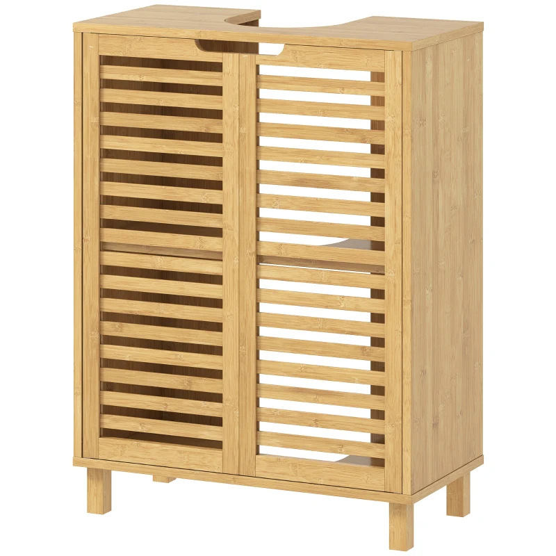 HOMCOM Under Sink Bathroom Cabinet, Freestanding Bamboo Under Sink Cabinet with Louvered Doors and Adjustable Shelf, Natural