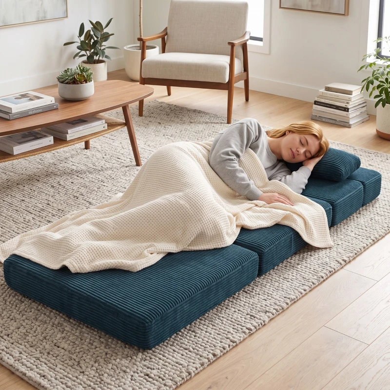 HOMCOM Sofá Cama Dobrável 3 em 1 Poltrona 1 Lugar Conversível em Veludo Canelado Bolsos Laterais Travesseiro Azul