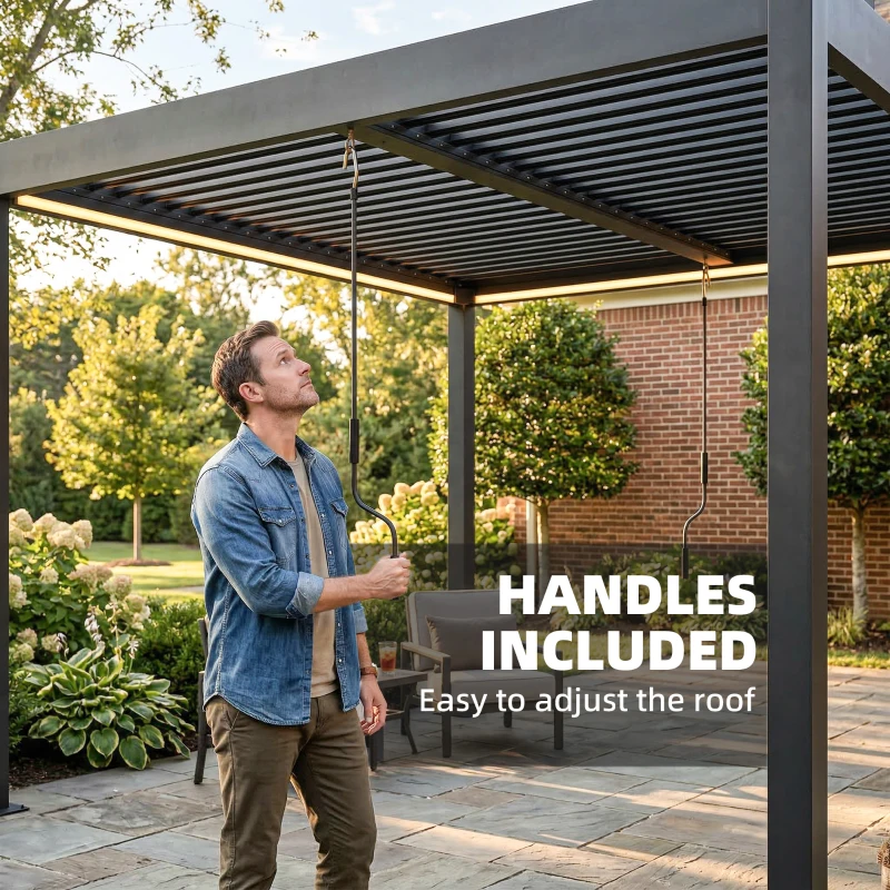 Outsunny 3 x 3 m Louvered Pergola with LED Lights, Metal Louvres, Aluminium Patio Gazebo Pergola, Dark Grey