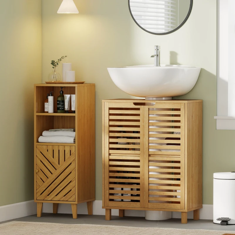 HOMCOM Under Sink Bathroom Cabinet, Freestanding Bamboo Under Sink Cabinet with Louvered Doors and Adjustable Shelf, Natural