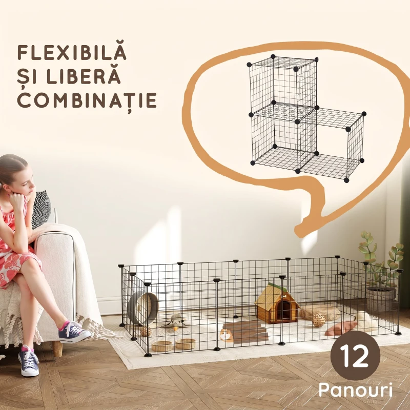 Pawhut tarc Modular Animale – 12 Panouri, 35×35 cm, Negru