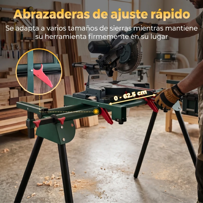HOMCOM Soporte Sierra Ingletadora Universal con Rodillos Extensibles 94-195 cm Ajustable y Plegable Carga 150 kg Verde