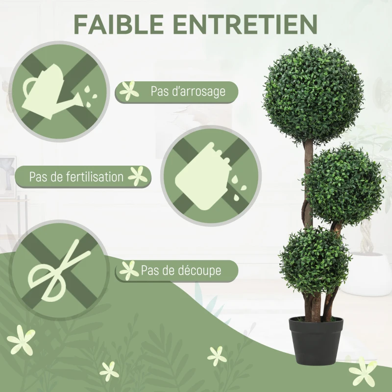 HOMCOM Plante Artificielle 100 cm, 3 Boules de Buis, Pot, Facile à Nettoyer, Arbre Artificiel Intérieur Extérieur, Vert