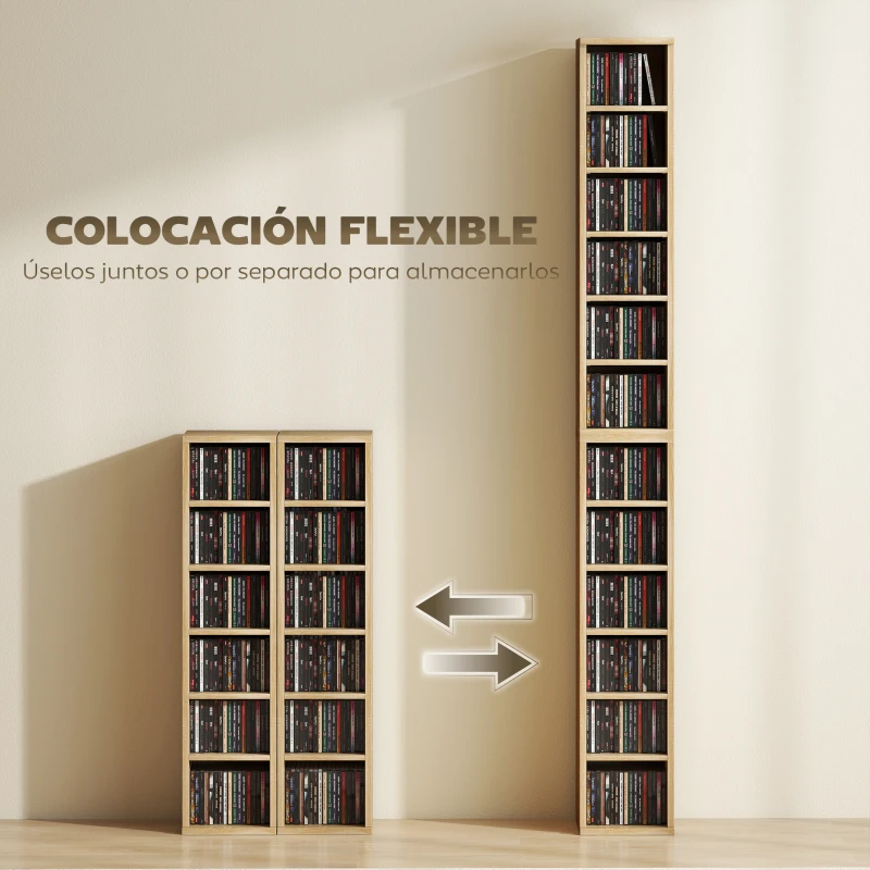 HOMCOM Set de 2 Estanterías para CDs y DVDs con 12 Compartimentos Estantes Ajustables 21x22,5x88,5 cm Roble