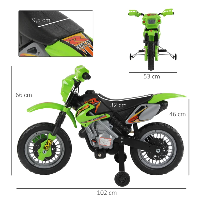 HOMCOM Moto électrique enfants, moto cross pour enfants avec batterie 6 V, phares, musiques et roues d'entraînement, 3 à 6 ans, charge 25KG, vert et noir