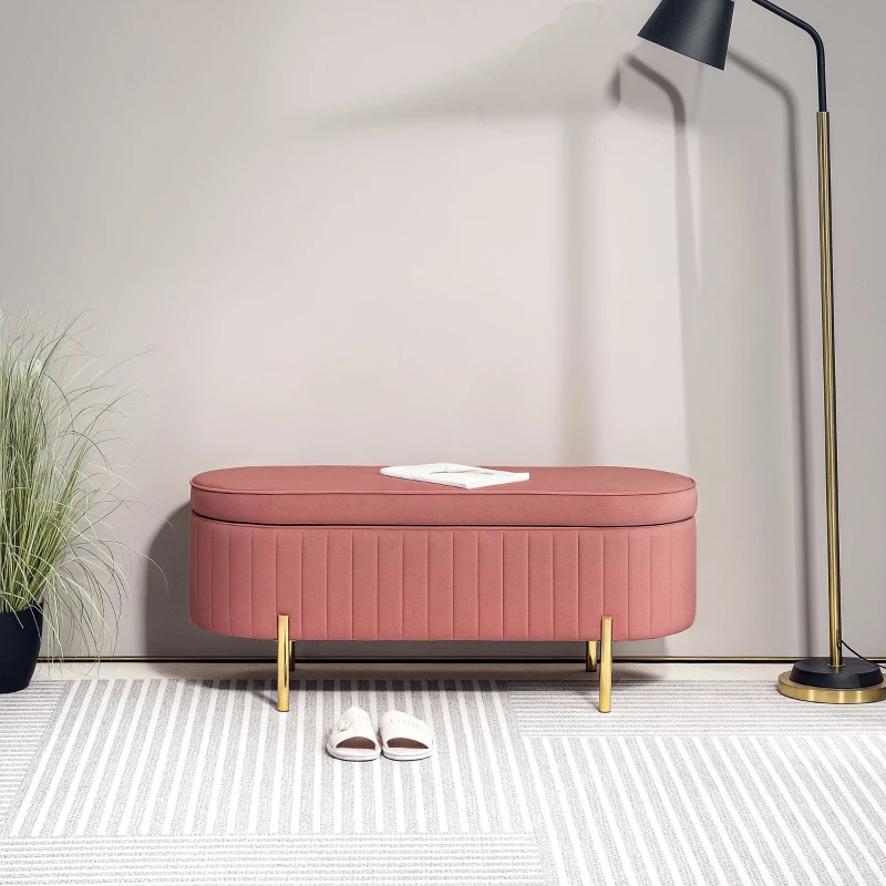 HOMCOM Banco para Pie de Cama con Almacenaje Tapizado en Terciopelo Patas Doradas y Diseño Elegante Ovalado 108x44x43,5cm Rosa