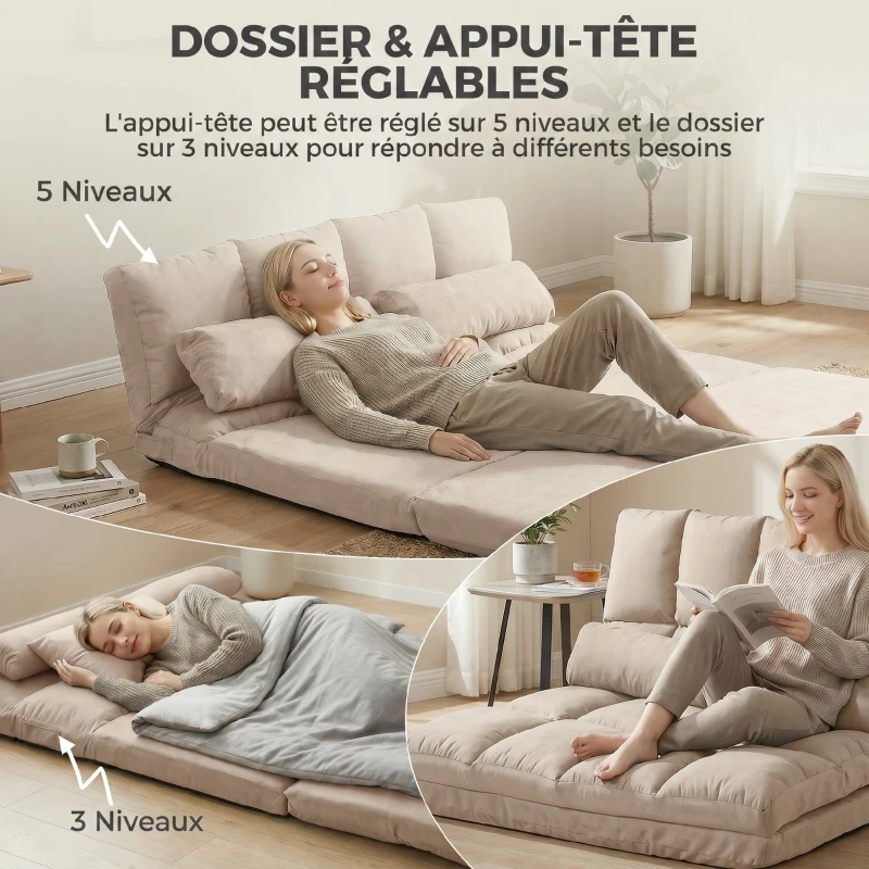 HOMCOM Chauffeuse Matelas d'appoint Pliant - Fauteuil Convertible - Inclinaison Dossier réglable 14 Positions - 2 Coussins
