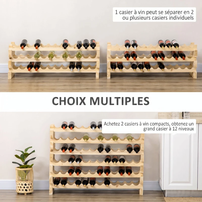 HOMCOM Casier à bouteilles pour 72 bouteilles, étagère à vin avec 6 niveaux modulable et superposable, casier à vin en bois de sapin massif, pour cave, bars, sous-sols, 114x28x85cm, bois naturel