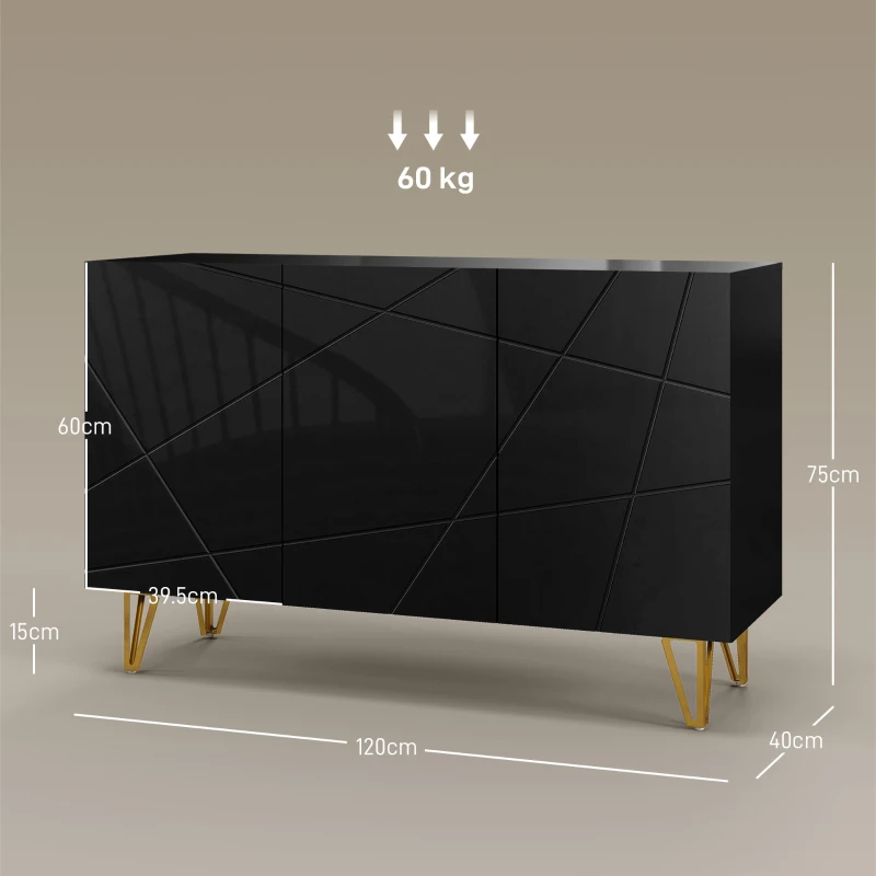 HOMCOM Dulap Mobil cu 2 Dulapuri și Raft Reglabil, din PAL și Metal, 120x40x75 cm, Negru și Auriu