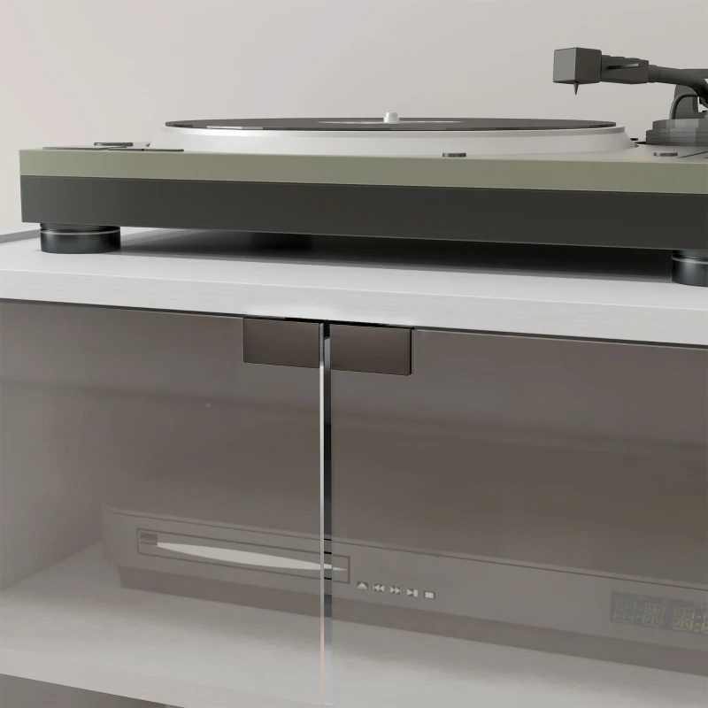 HOMCOM 4-Tier Hi-Fi Stand,  Record Player Stand with Adjustable Shelves and Push-to-Open Glass Doors, White Wood-Effect