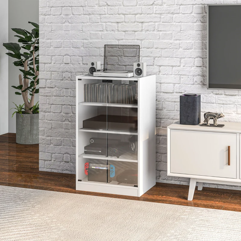HOMCOM 4-Tier Hi-Fi Stand,  Record Player Stand with Adjustable Shelves and Push-to-Open Glass Doors, White Wood-Effect