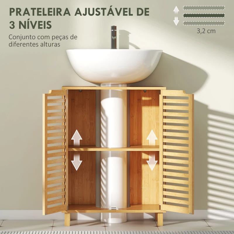 HOMCOM Móvel para Lavatório Pousar de Bambu com Prateleira Ajustável para Lavatórios com ou sem Pedestal 60x30x80 cm Madeira