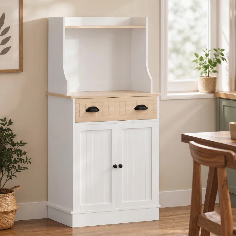 HOMCOM Mueble armario para microondas para cocina con espacio abierto 1 cajón y armario 2 puertas 61 x 35 x 125,4 cm roble