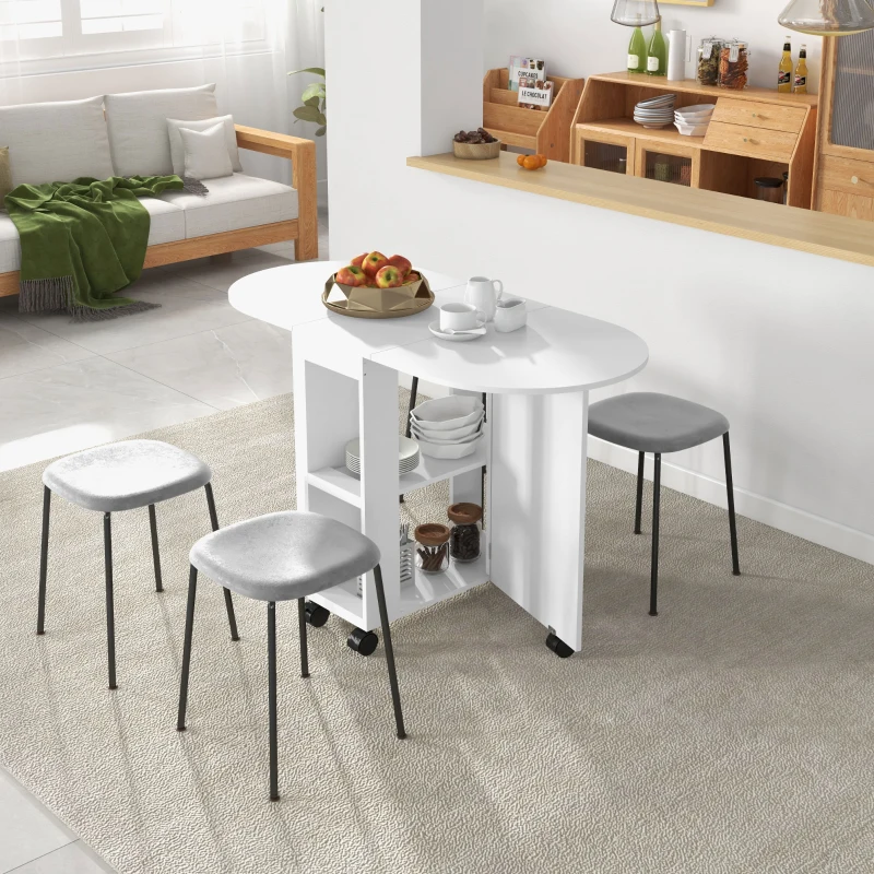 HOMCOM Mesa de Comedor Plegable con Ruedas Mesa de Cocina con Alas Abatibles y 2 Estantes Abiertos 120x60x77 cm Blanco