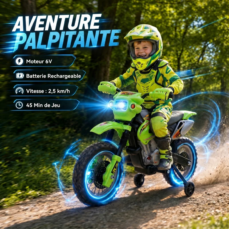 HOMCOM Moto électrique enfants, moto cross pour enfants avec batterie 6 V, phares, musiques et roues d'entraînement, 3 à 6 ans, charge 25KG, vert et noir