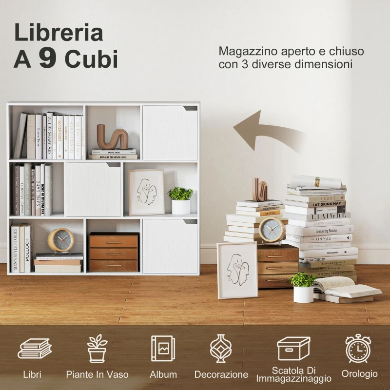 HOMCOM Libreria a Cubi con 6 Sezioni Aperte e 3 Chiuse, in Legno Bianco, 106x24x95 cm