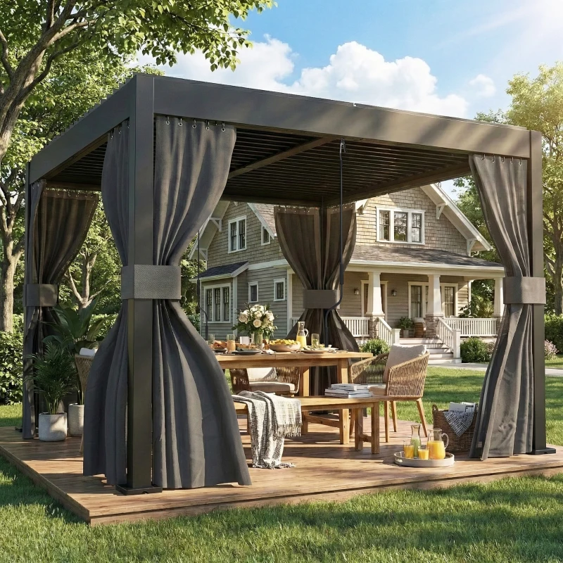 Outsunny 3 x 3 m Louvered Pergola with Adjustable Metal Louvred Roof, Aluminium Patio Gazebo with Netting and Curtains, Dark Grey