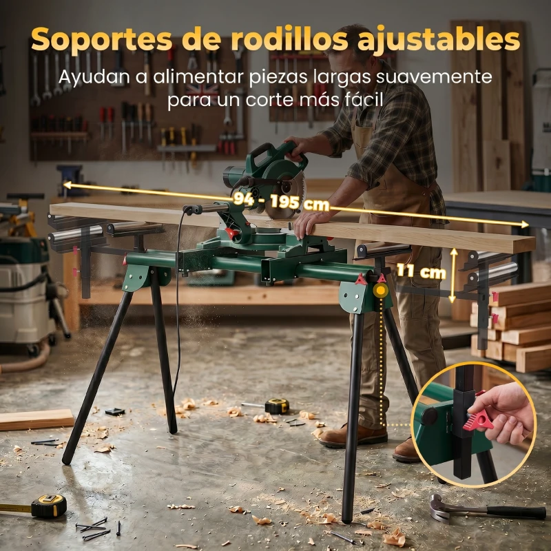 HOMCOM Soporte Sierra Ingletadora Universal con Rodillos Extensibles 94-195 cm Ajustable y Plegable Carga 150 kg Verde