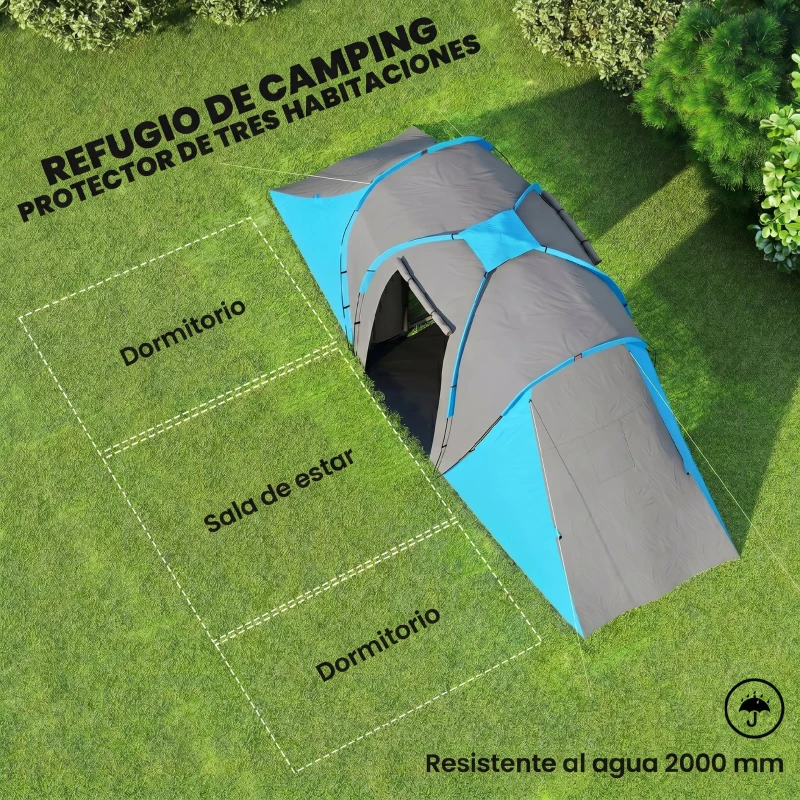 Outsunny Tienda de Campaña para de 4 Personas con 2 Dormitorios Tienda de Camping Impermeable 2000mm 555x225x190 cm Gris y Azul