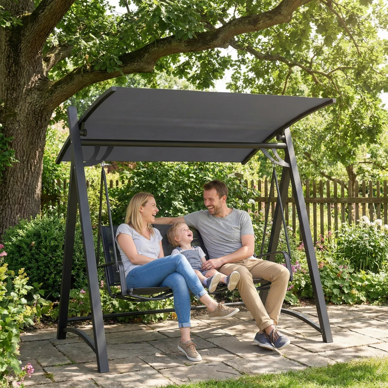 Outsunny 3 Seater Swing Chair, Garden Swing Bench with Adjustable Tilting Canopy, Breathable Mesh Seat 360 kg Capacity, Grey