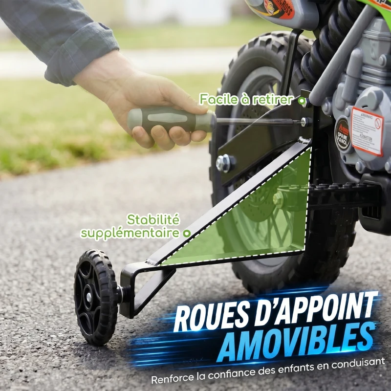 HOMCOM Moto électrique enfants, moto cross pour enfants avec batterie 6 V, phares, musiques et roues d'entraînement, 3 à 6 ans, charge 25KG, vert et noir