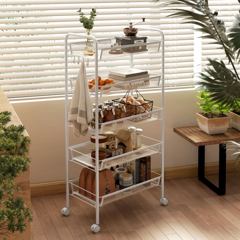 HOMCOM Carrito Auxiliar con Ruedas de 5 Niveles con Cestas de Malla Extraíbles y Marco de Acero 45x26,5x106 cm Blanco