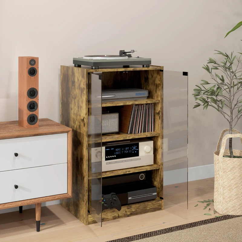 HOMCOM 4-Tier Hi-Fi Stand,  Record Player Stand with Adjustable Shelves and Push-to-Open Glass Doors, Rustic Brown