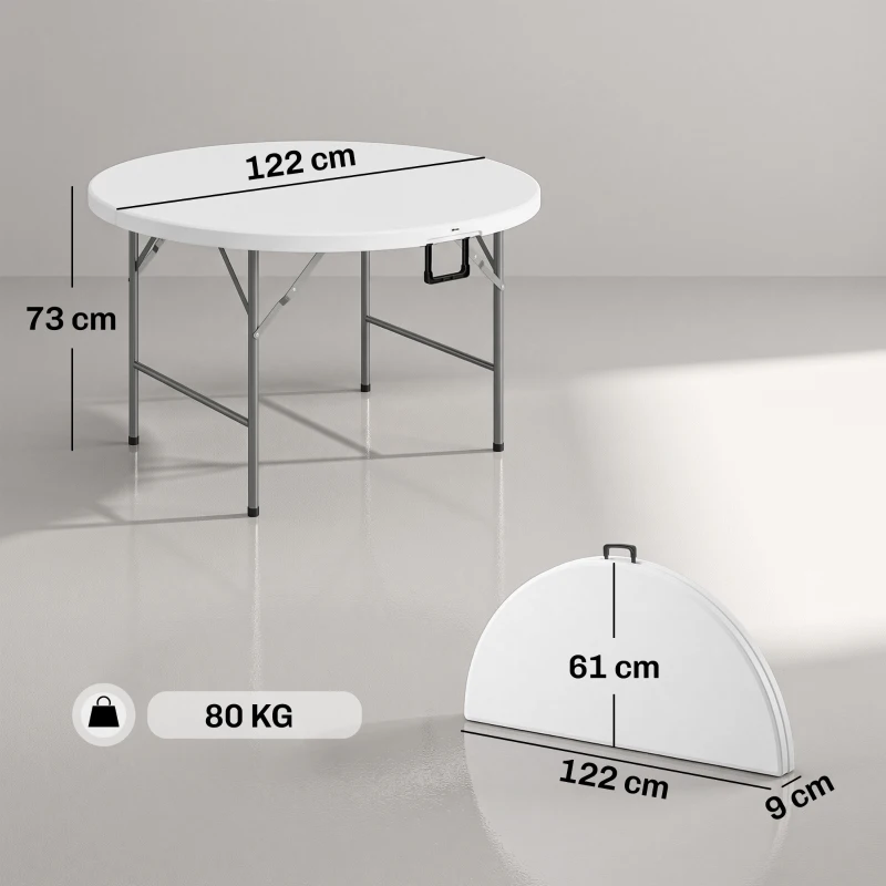 Outsunny Tavolo Pieghevole per Giardino e Campeggio, in Acciaio e HDPE, Ø122x73 cm, Grigio e Bianco