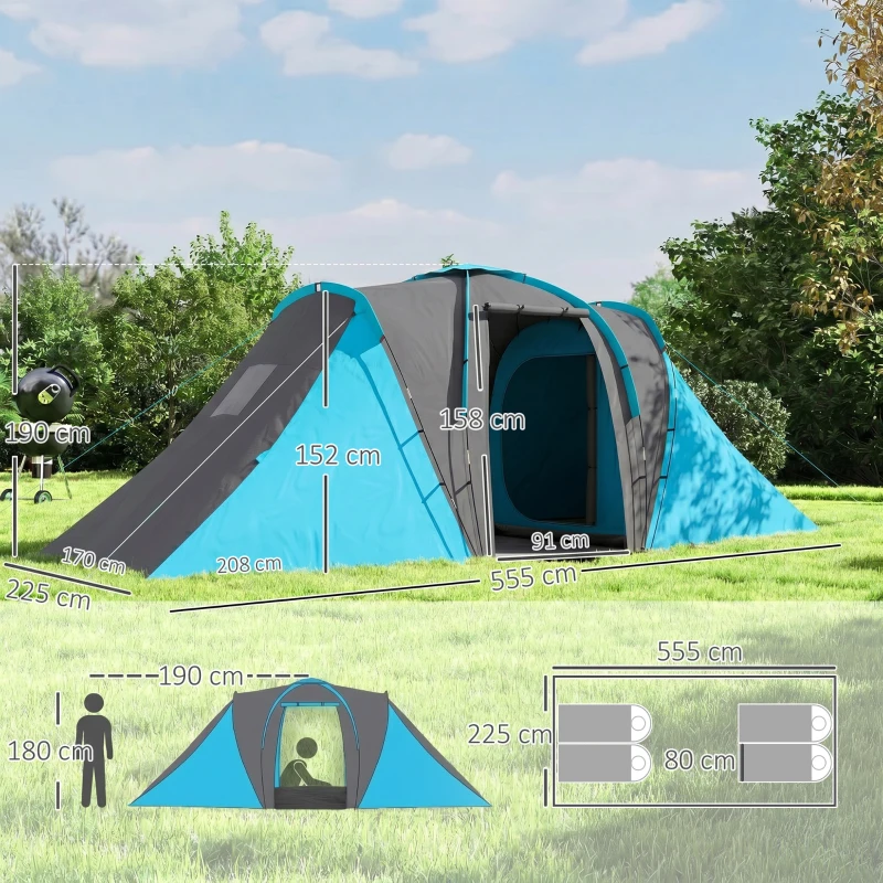 Outsunny Tienda de Campaña para de 4 Personas con 2 Dormitorios Tienda de Camping Impermeable 2000mm 555x225x190 cm Gris y Azul
