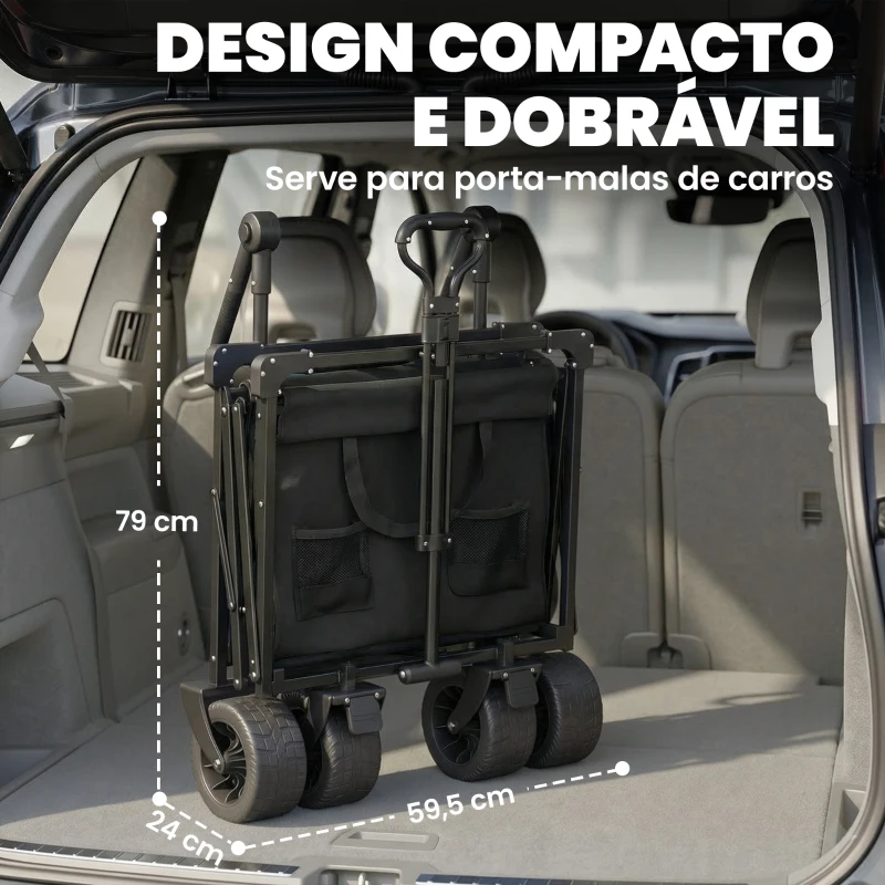Outsunny Carrinho de Transporte com Rodas Grandes Travão Teto Amovível Carro Dobrável para Jardim com Barra Ajustável 125x59x133 cm Preto
