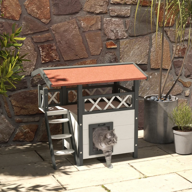 PawHut Cabane Chat Extérieur avec Terrasse, Escalier, Toit, Niche Villa, 77 x 50 x 73 cm Blanc et Rouge