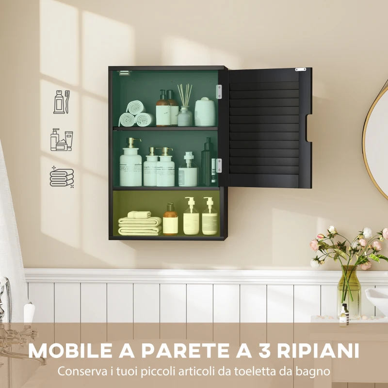 HOMCOM Armadietto Bagno a Parete con Ripiano Regolabile e Anta Ammortizzata, 40x20x60 cm, Nero