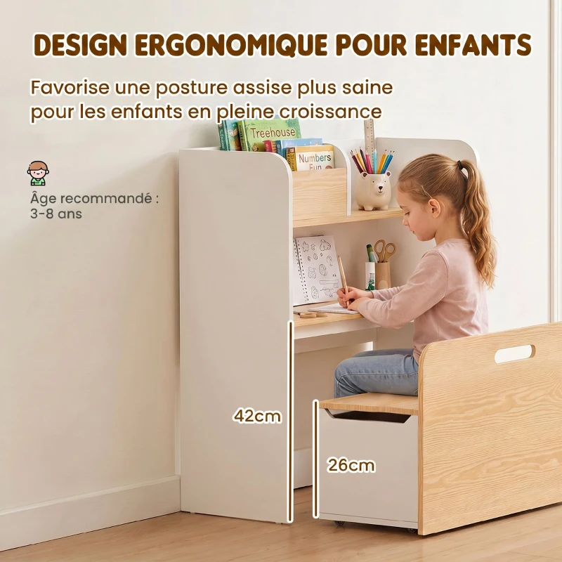 AIYAPLAY Bureau et Chaise pour Enfant 5 en 1 avec Bibliothèque et Banc Coffre à Roulettes, pour 3 à 8 Ans, Blanc