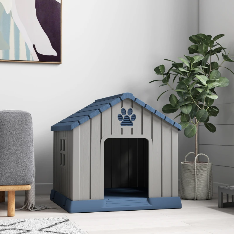PawHut Caseta para Perros Medianos Exterior de Plástico Impermeable con 2 Ventanas Base Elevada Estacas 85x79x82 cm Gris