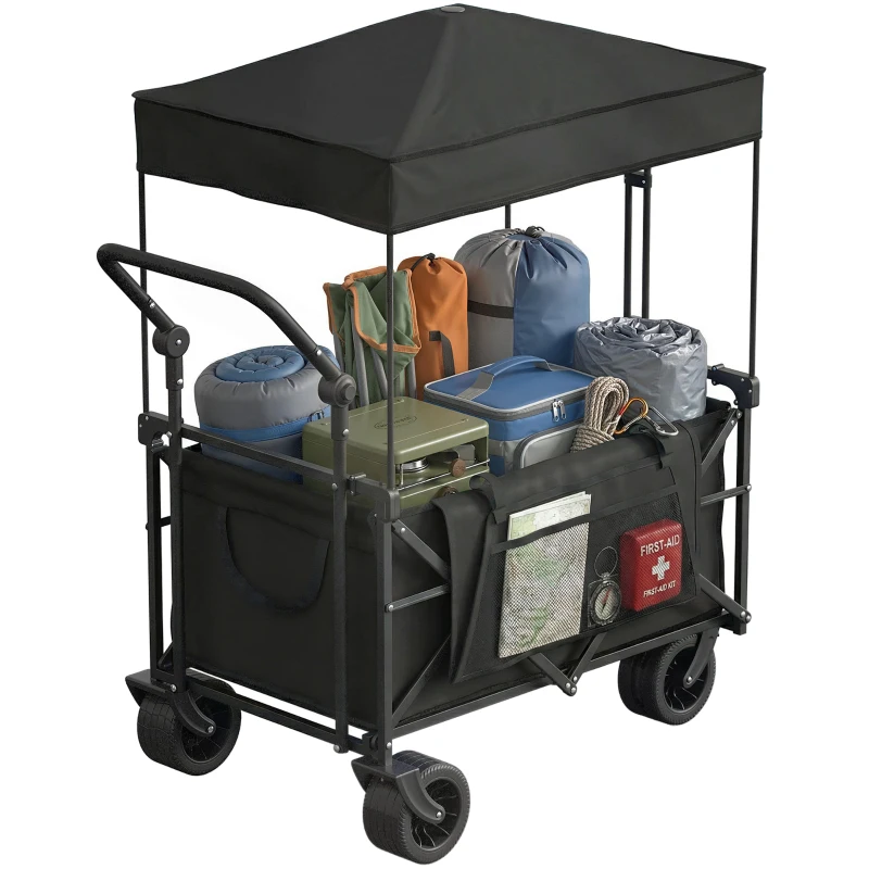 Outsunny Carrinho de Transporte com Rodas Grandes Travão Teto Amovível Carro Dobrável para Jardim com Barra Ajustável 125x59x133 cm Preto