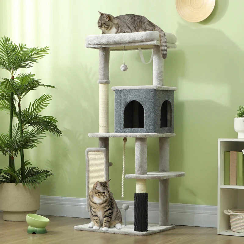 PawHut Copac pentru Pisici Multifuncțional, Înalt de 132 cm, cu Căsuță, Pat, Stâlpi de Zgâriat, Perie și Minge, Gri