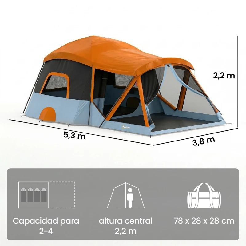 Outsunny Tienda de Campaña Familiar Tipo Túnel para 4 Personas con 2 Habitaciones Puertas Tragaluces Impermeable Fácil Montaje