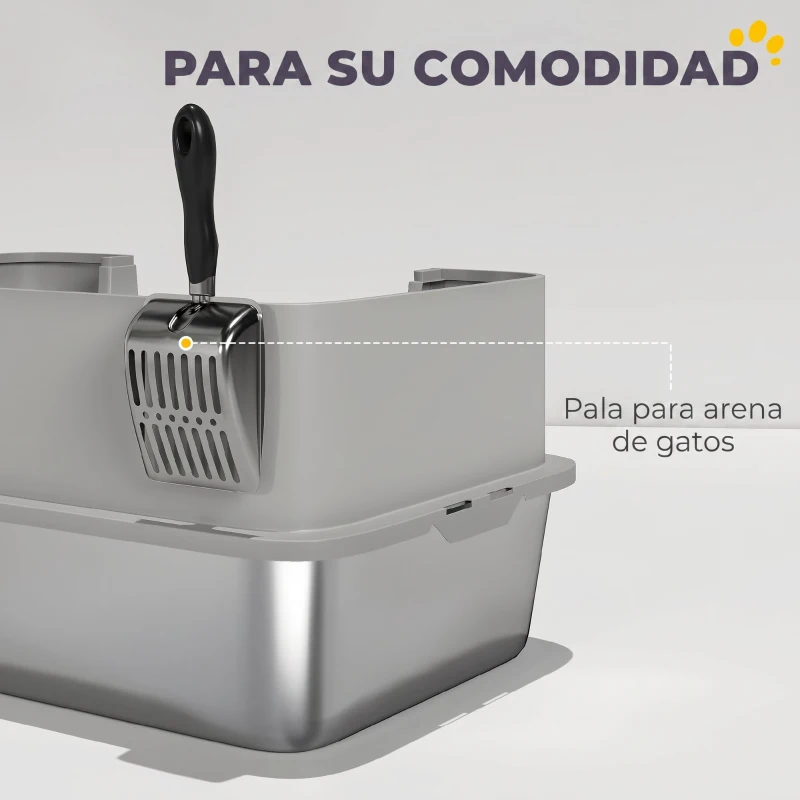 PawHut Arenero para Gatos de Acero Inoxidable XL con Borde Alto Pala Fácil de Limpiar Prueba de Fugas 60x40x29,5 cm Gris