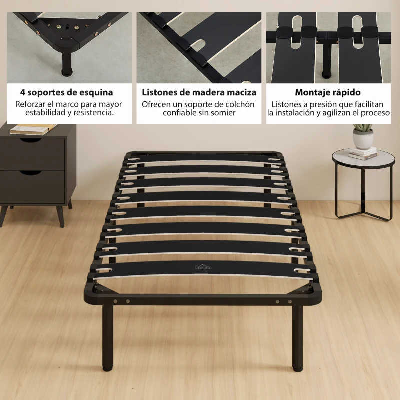HOMCOM Estructura de Cama 90x190 cm con Marco de Acero Láminas de Álamo y Espacio de Almacenamiento Carga 350 kg Negro