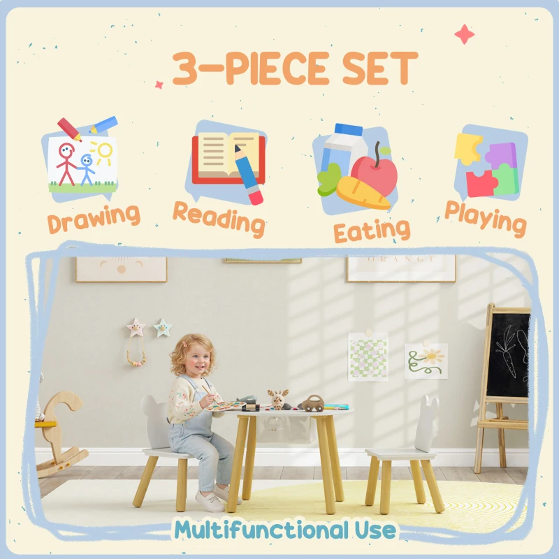AIYAPLAY 3-Piece Kids Activity Table Set with Centre Mesh Bag, Bear-Shaped Backrest, for Arts and Crafts, Reading, White