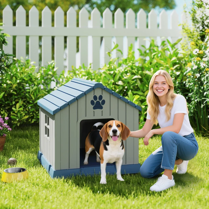 PawHut Caseta para Perros Medianos Exterior de Plástico Impermeable con 2 Ventanas Base Elevada Estacas 85x79x82 cm Gris