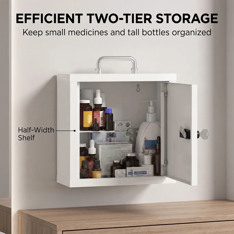 HOMCOM Wall Mount Medicine Cabinet with Combination and Key Lock, 2 Tier Stainless Steel First Aid Cabinet, White