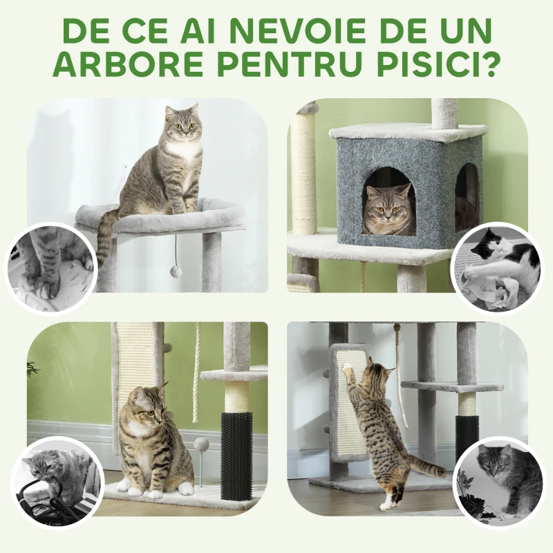 PawHut Copac pentru Pisici Multifuncțional, Înalt de 132 cm, cu Căsuță, Pat, Stâlpi de Zgâriat, Perie și Minge, Gri
