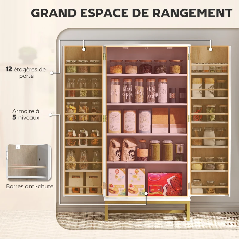 HOMCOM Armoire de cuisine meuble cuisine rangement avec 12 étagères à portes, étagères ajustables, 58x29x119,5cm, blanc(m-4)