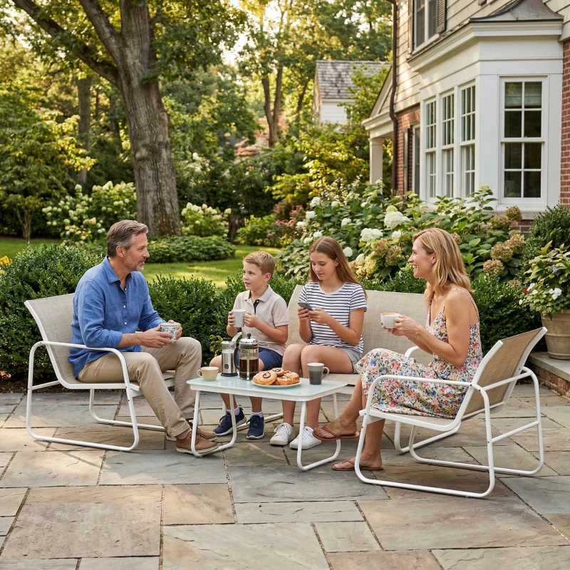 Outsunny Conjunto Jardín Exterior de 4 Piezas con Sofá de 2 Plazas 2 Sillones Mesa de Vidrio Templado Tela Textilene Caqui