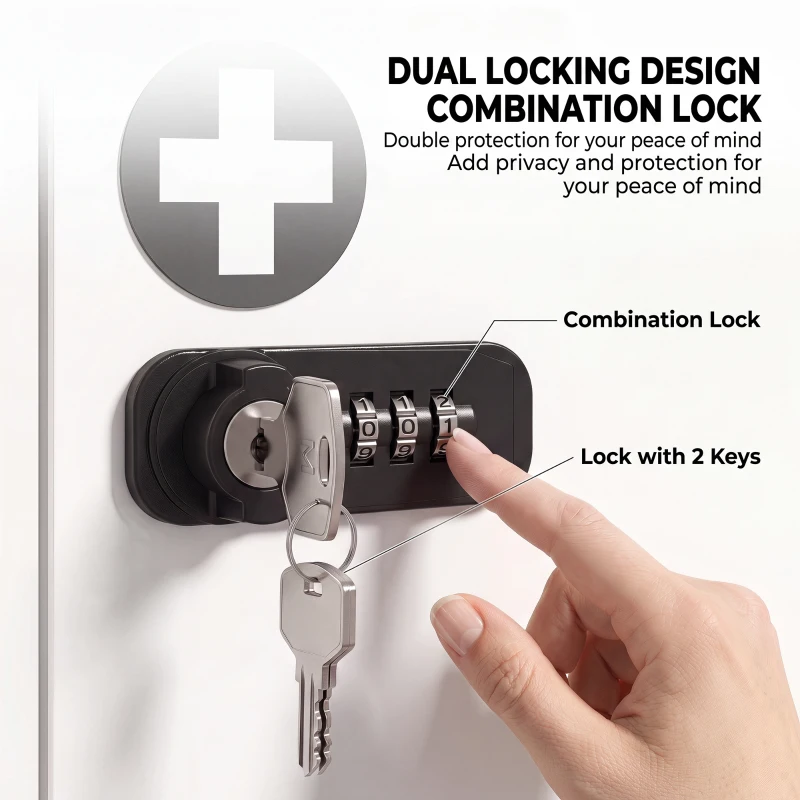 HOMCOM Wall Mount Medicine Cabinet with Combination and Key Lock, 2 Tier Stainless Steel First Aid Cabinet, White