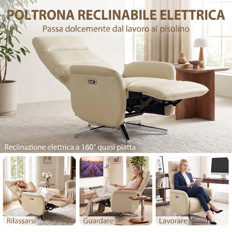HOMCOM Poltrona Relax Elettrica Reclinabile a 160° Girevole con Poggiapiedi in Pelle PU, Presa USB, Beige